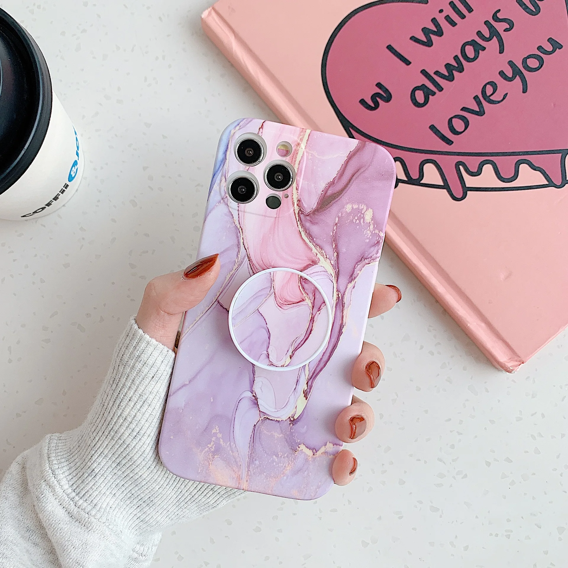 Чехол подставка с градиентным фиолетовым мрамором для телефона iPhone 12 Mini 11 Pro Max XR X