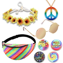 80s disfraz de Hippie accesorios Set collar signo de la paz flor corona diadema Arco Iris bolsa Hippie estilo Cosplay para fiesta de los años 60 70s