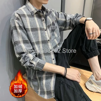 

2020 Tide brand loose bf plaid shirt men's plus velvet padded casual Joker long sleeve shirt