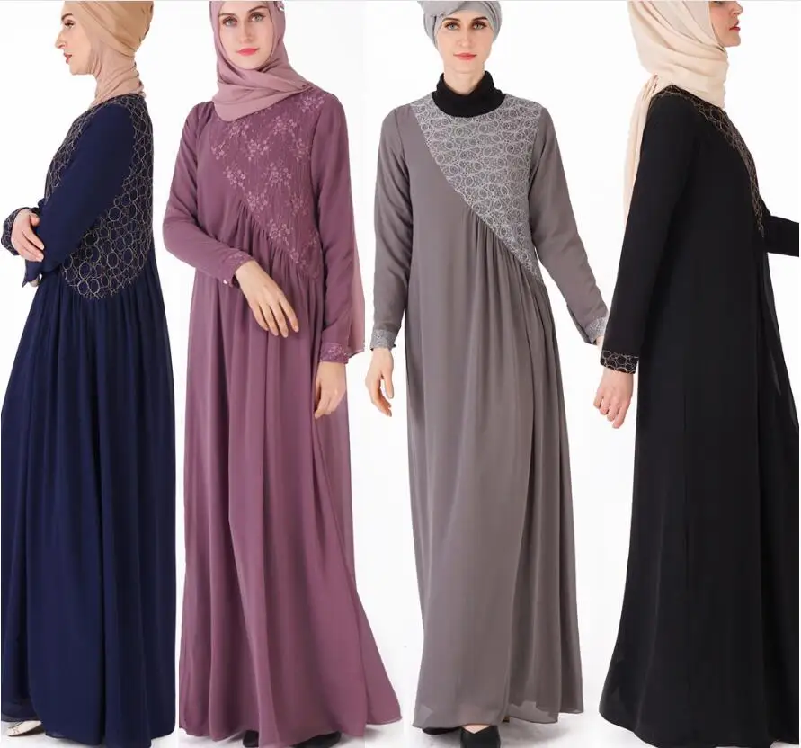 Женское мусульманское хиджаб Abaya темно синее шифоновое платье с длинным рукавом