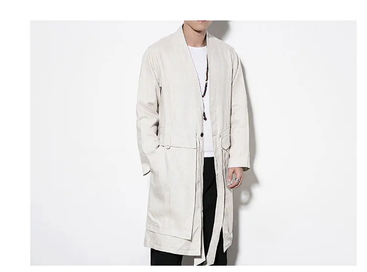 Ветровка Осенняя Длинная черная простая дизайнерская Льняная мужская ветровка в китайском стиле простое длинное пальто
