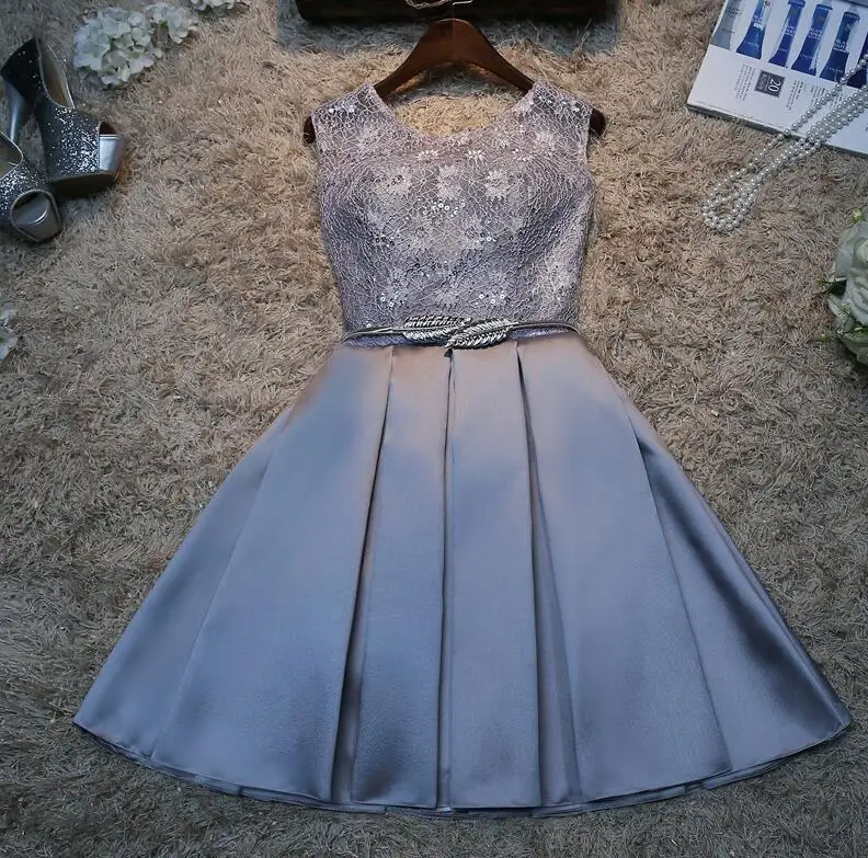 Silver Grey Большие размеры, с круглым вырезом, розовое А-образное атласное платье с металлическим поясом для подружки невесты Vestidos De Madrinha, красивое торжественное платье для свадебной вечеринки - Цвет: Silver Grey