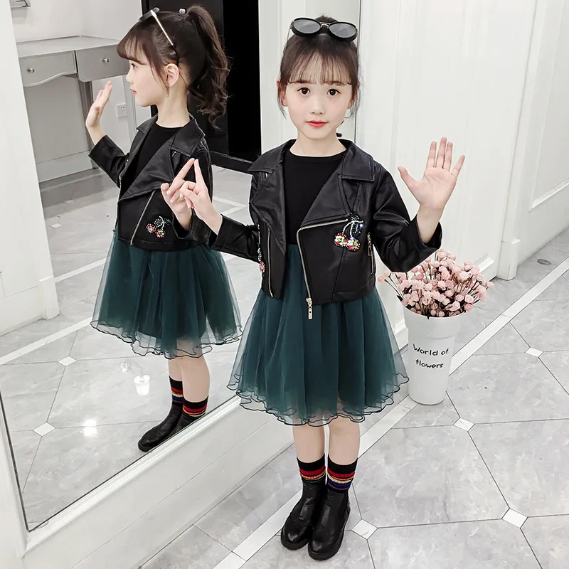 Новая модная одежда для девочек весенне-осенняя кожаная куртка с длинными рукавами в Корейском стиле Сетчатое платье комплект из двух предметов