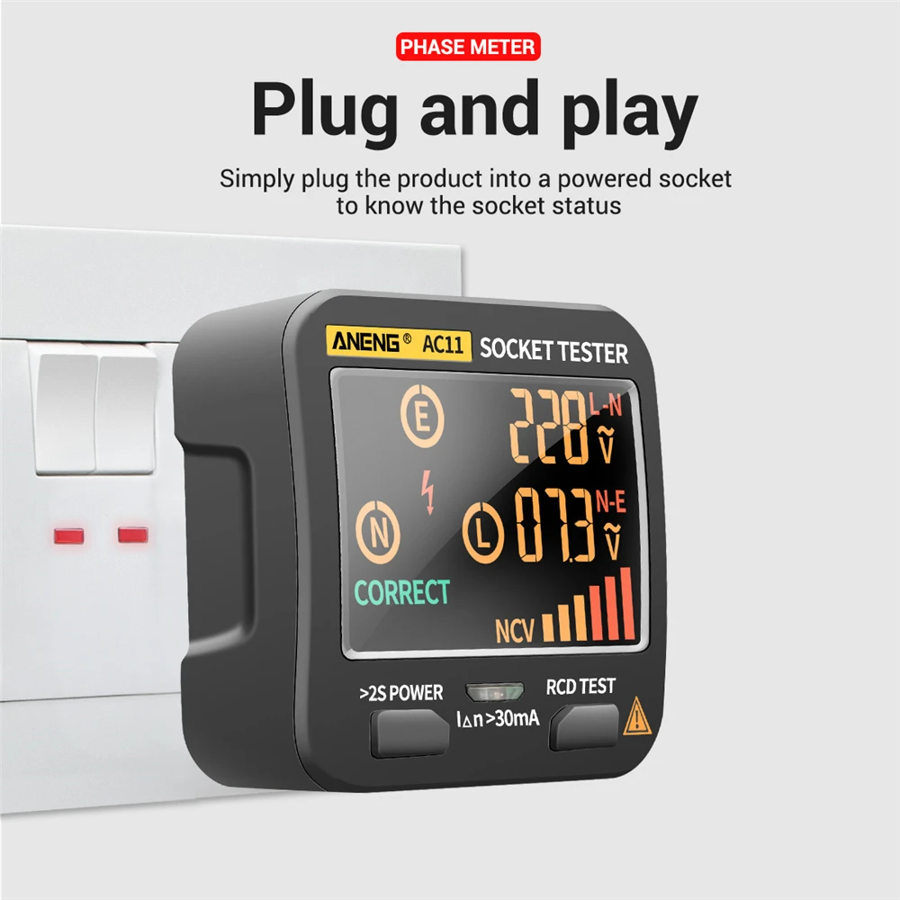 CUGUU Smart Socket Tester Digital AC Voltage Tester Ground Zero Electric Circuit Detector Line Plug Polarity Phase Pro EU/US/UK 3