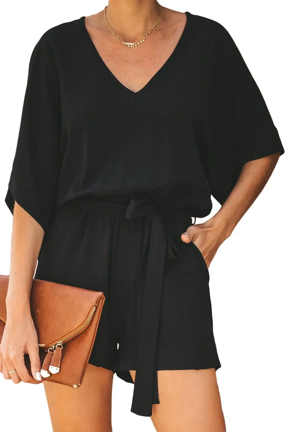 Echoine сцена лета карман комбинезон с галстуком однотонная Цвет Повседневное V образным вырезом рубашка с коротким рукавом комбинезон для женщин; Большие размеры с поясом