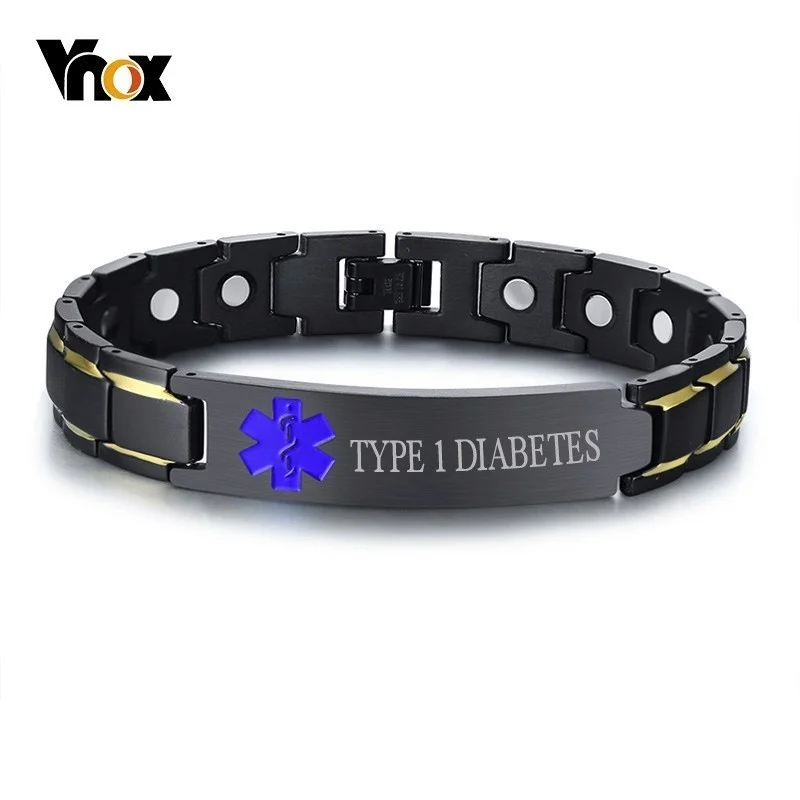 Vnox TYPE 1 DIABETES Medical Alert Mens ID Bracelets Free Engraving Black Stainless Steel Therapy Healing Jewelry