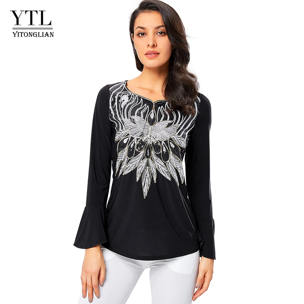 YTL модная популярная женская Свободная блузка с расклешенными рукавами, расшитая блестками блуза с v-образным вырезом, туника с длинным рукавом, рубашка H274