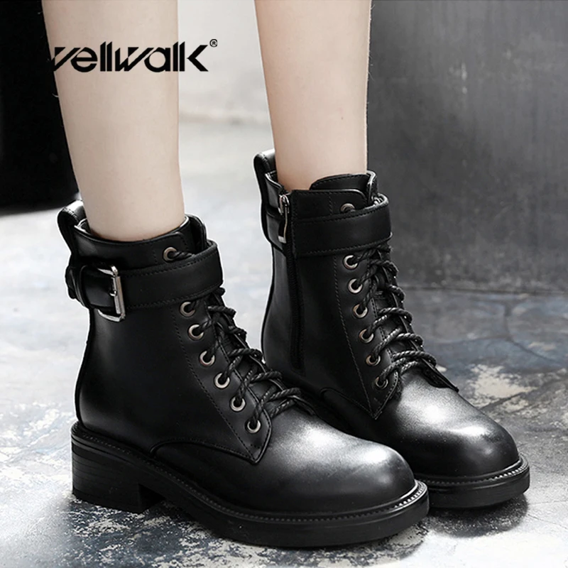 

Women Mid Boots Short Fashion Martens Booties Round Toe Side Zip Ankle Strap Nonslip Lace Up Low Heel Motorcycle Platform 6 8