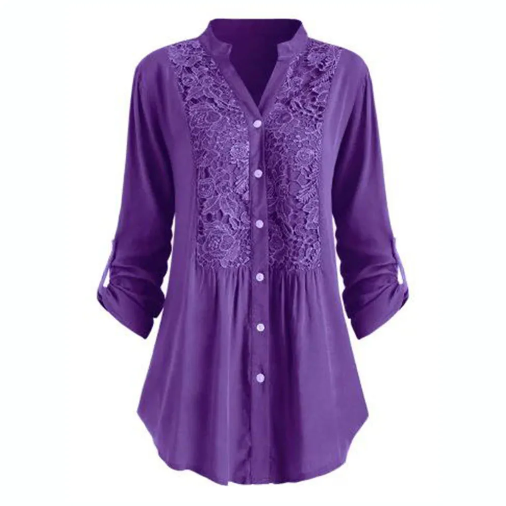 Кружевная женская рубашка с цветочным принтом, большие размеры, рубашка на пуговицах со стоячим воротником, Женская однотонная Свободная блуза с длинным рукавом, женские рубашки - Цвет: Purple