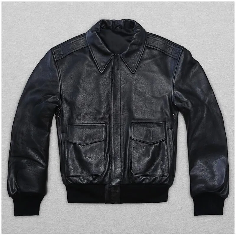 Черная мужская кожаная куртка USAF A2 Pilot, европейский размер XXL, настоящая Толстая воловья кожа, зимнее пальто в стиле милитари Авиатор - Цвет: Black