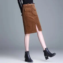 Осенне-зимняя женская юбка Вельветовая с высокой талией и карманами, винтажные повседневные тонкие черные осенние юбки 4xl для женщин