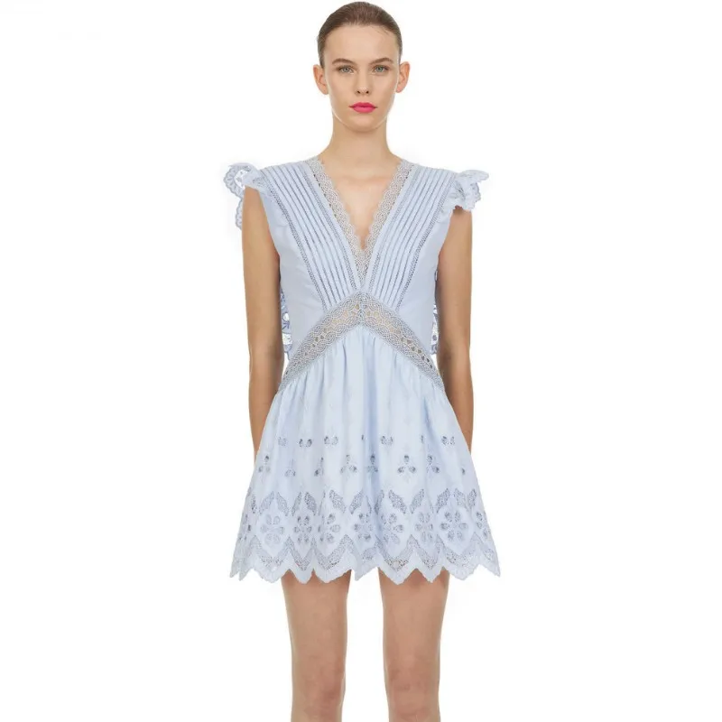 

Summer Casual V-neck Sleeveless Lace Patchwork Cotton Embroidery A-line Mini Dress Women Blue Runway Designer Dress
