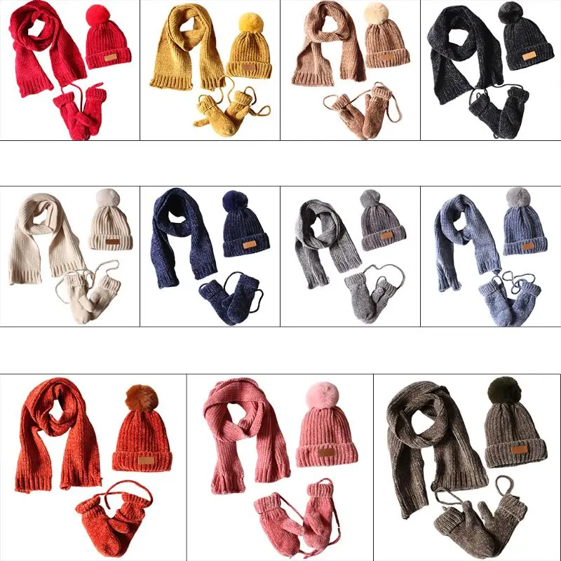 3 в 1, детская зимняя вязаная теплая вязаная шапка с помпоном, шарф, перчатки, набор, Новая мода