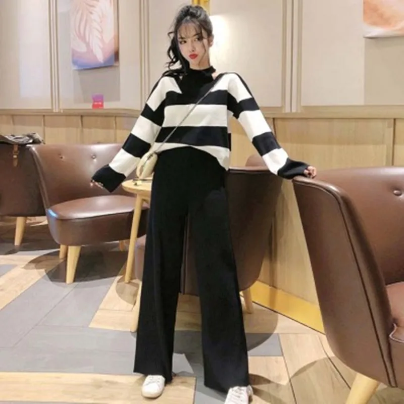 

Woman Sweater Suits Knitting Casual Splicing Crew neck Pullovers + Elastic Wide leg Pants Two Piece Sets Female Outfits