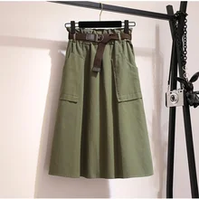 

Medium height off the female knee, skirt with belt 2021 casual spring smooth cotton high waist sun school women