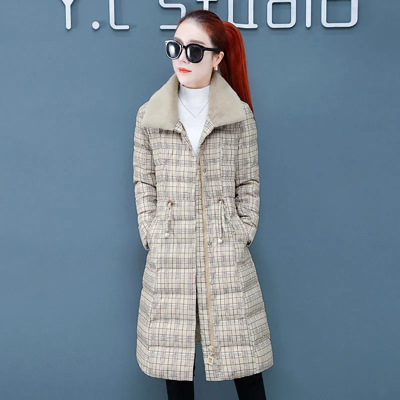 Plaid Женское клетчатое пуховое пальто, новинка, Зимняя мода, застежка-молния, отложной воротник, карманы, пуговицы, кружево, утолщенная длинная верхняя одежда - Цвет: Plaid