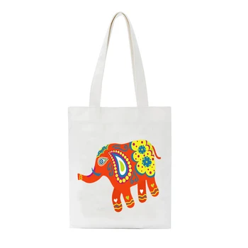 

Animal Cartoon Elephant Print Canvas Bag Large Closure Unisex Tote Bags Shopping Bag Shoulder Bag Reuse Foldable Kawaii