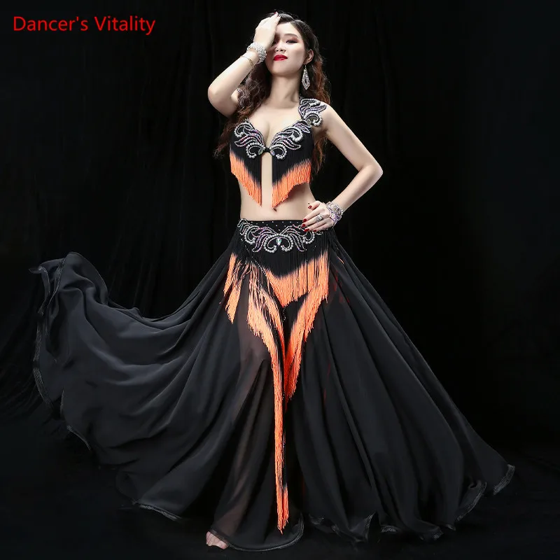 

Женский комплект для танца живота, комплект из 3 предметов: бюстгальтер со стразами, пояс с бахромой и длинная юбка, тренировочная одежда для профессиональных выступлений