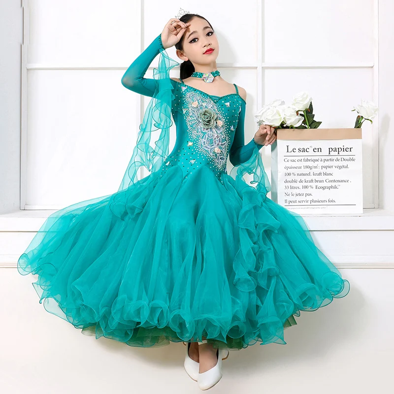 

Standard Ballroom Dance Dresses Girls Advanced Waltz Competition Dancing Skirt Long Sleeve Ballroom Game Dance Dress Children