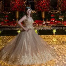 Бальные платья Золотые кружевные аппликации совок шеи Линия Тюль FormalCharming Prom Новое поступление индивидуальный заказ Высокое качество Свадебные