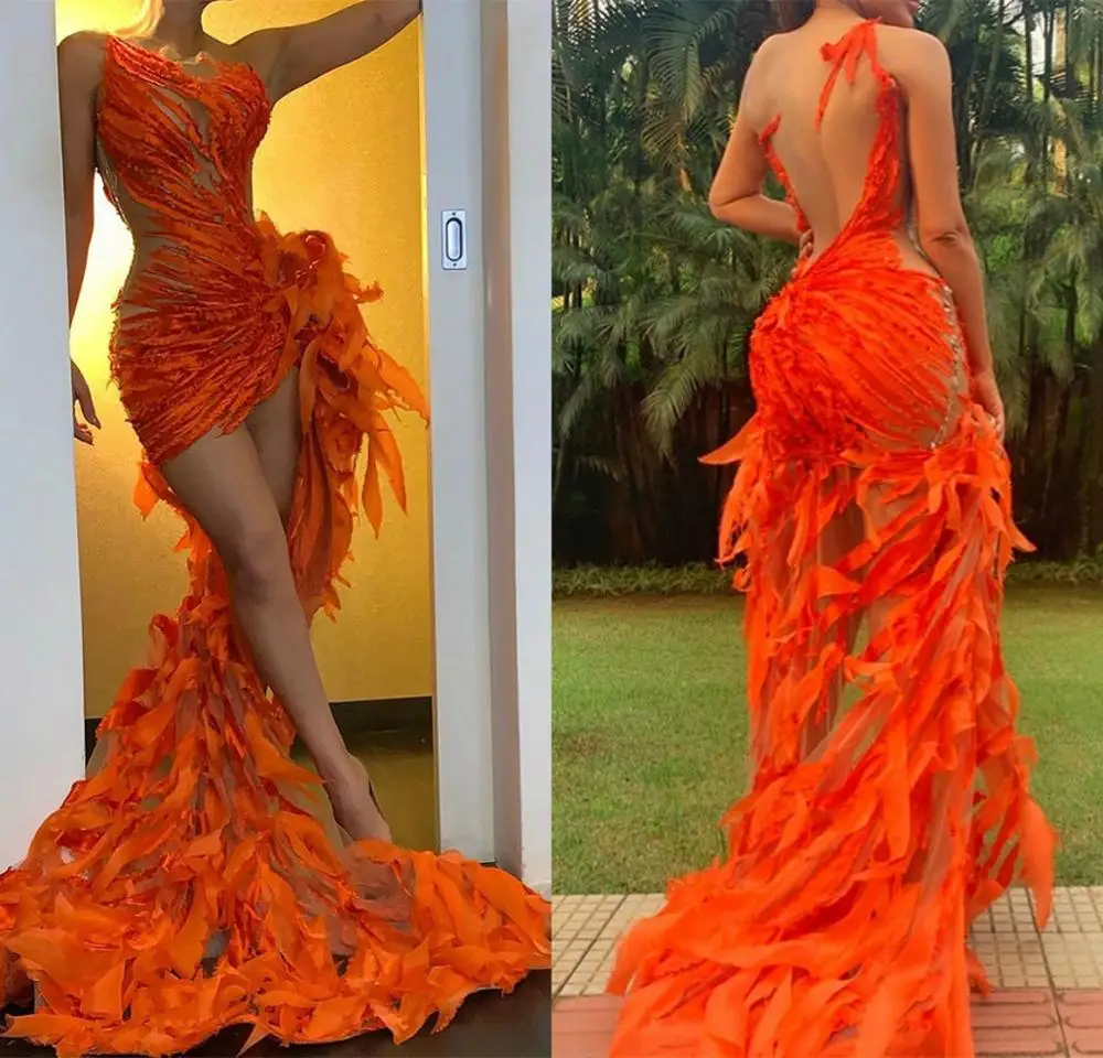 

Designer Orange Prom Dresses With Long Train Jewel Neck Ruffles Sexy Evening Dress Custom Made Short Formal Party Gowns