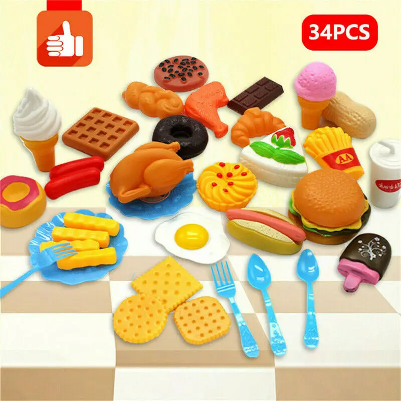 34PCS Kids Toy Pretend Role Sets Play Kitchen Pizza Food Cutting Children Gifts 