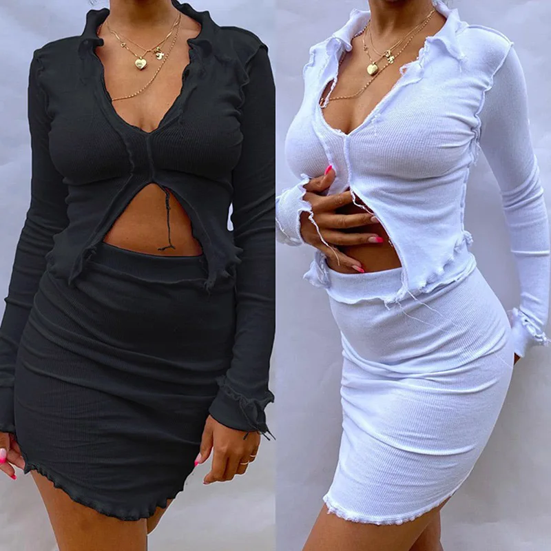 

Sexy Fashion 2Piece Sets Women V Neck Party Hot Silk 2 Piece Outfits Long Sleeve Bandage Crop Top+Skirt Set Autumn New