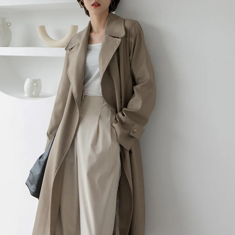 

2019 New Arrival Concise Basic Wind Solid Color Windbreaker Woman Elegant Long Trench Coat Lapels Belted High Street Wear
