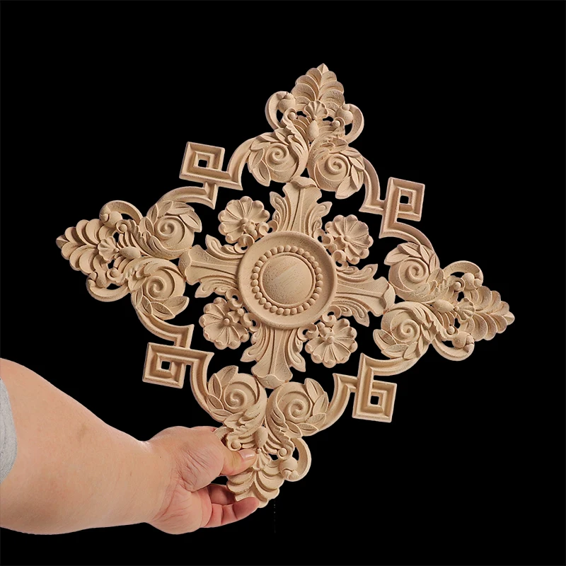 Decorative Wood Appliques Floral Carved Onlay Decal Figurines Home Furniture Door Decor Square