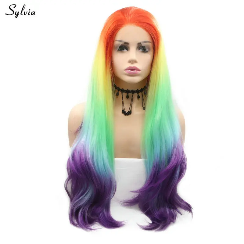 

Sylvia Colorful Drag Queen Long Wavy Hair Bright Orange Yellow Blue Green Purple Warm Color Synthetic Lace Front Wigs for Women