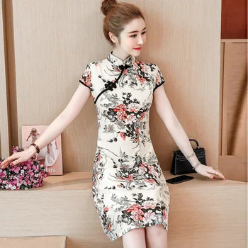 

Vintage Improved Floral Print Chinese Qipao Dress Women Classic Short Sleeve Wedding Party Cheongsam Elegant Embroidery Dress