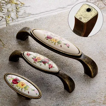 Retro Furniture Ceramics Handles For Kitchen Cabinet Door Pulls Classic Flowers Drawer Dresser Handles Wardrobe Knobs 96 128MM