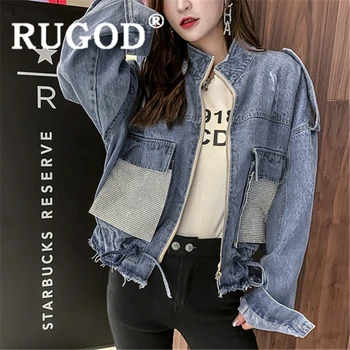 

RUGOD Women denim jacket for women turn down collar pocket diamonds ruched slim jean coat new autumn fashion femme mujer cool