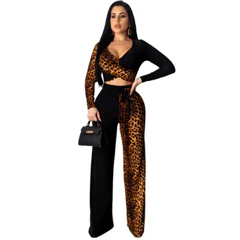 

Women Set V Neck Full Sleeve Crop Top Wide Leg Pants Suit Two Piece Set Top And Pants Leopard Patchwork Sexy Sportswear Women