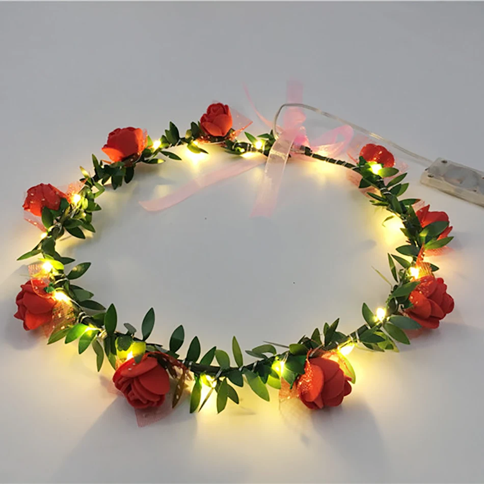 Ручной работы Свадебный цветок невесты повязка на голову с розой со светодиодной подсветкой, цветочный венок на голову головная повязка цветок аксессуар для волос, вечерние украшения