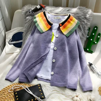 

2020 winter new knitted women sweater and cardigan tuan-down collar button long-sleeved casual all match female outwear coats