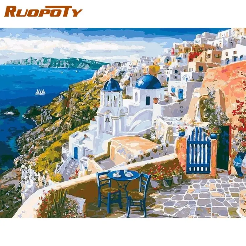 RUOPOTY 60x75 см рамки алмазов картина по номерам Санторини деревня пейзаж Картина