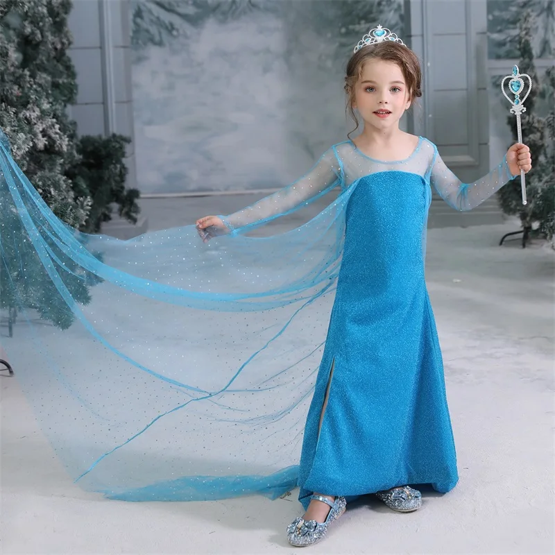 Зимнее платье Эльзы для маленьких девочек 7 лет; теплый меховой воротник; накидка с принтом снежинки; Рождественская одежда с длинными рукавами для девочек; одежда для детей
