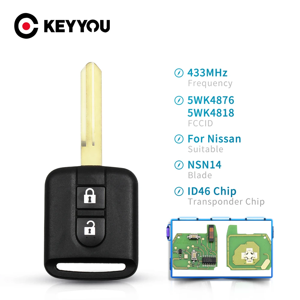 KEYYOU 433Mhz para Nissan Elgrand X-TRAIL Qashqai Navara Micra nota NV200 2 botones ID46 Chip mando a distancia de coche 5WK4876 5WK4818