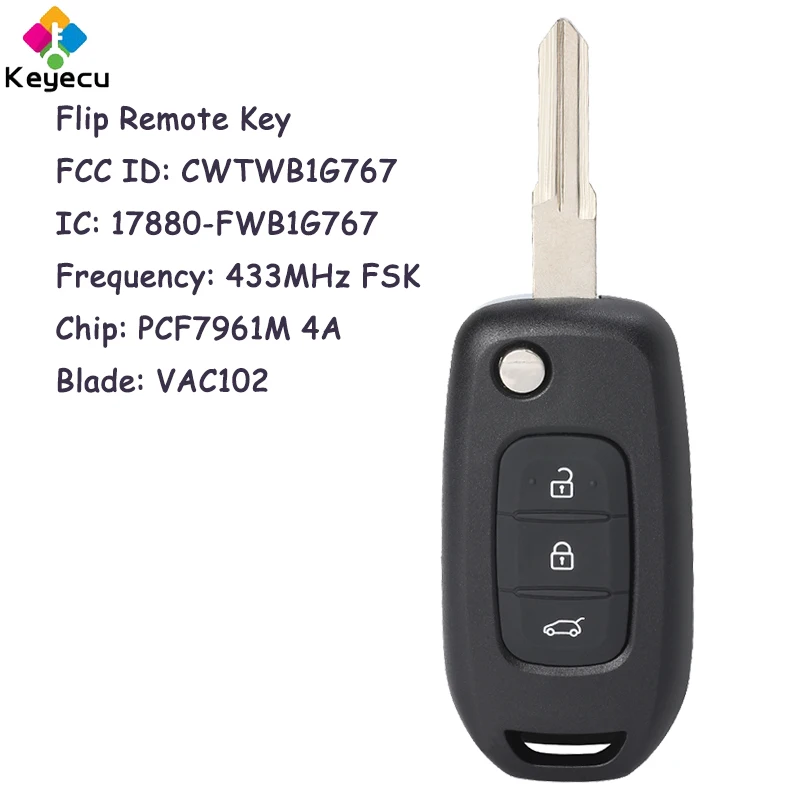 Пульт дистанционного управления KEYECU с 3 кнопками 433 МГц PCF7961M VAC102 Blade для Renault Kadjar