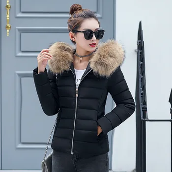 

women solid slim parka winter bubble jacket oversize fur collar hooded thick office ladies outwear coat femme cazadora mujer