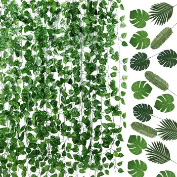 

Garland and 24 Pieces Artificial Palm Leaves for Home Wall Garden Baby Shower Wedding Home Party Decor