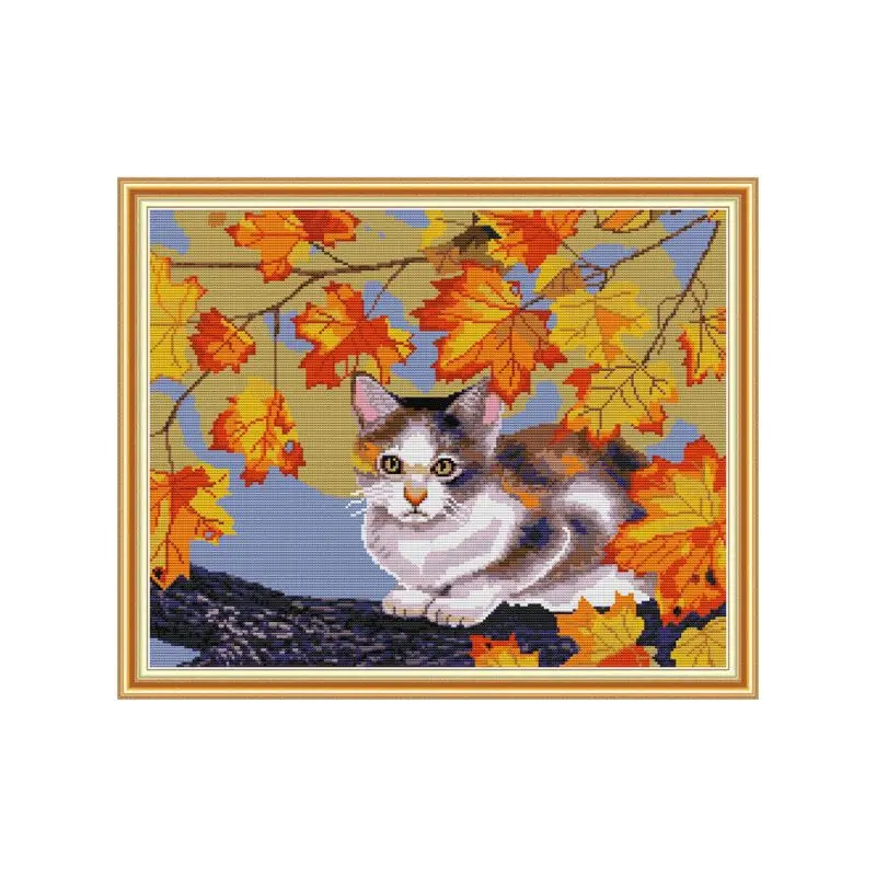 Cat and Maple DIY Handmade Needlework Counted 14CT Printed Cross Stitch Embroidery Kit Set Home Decoration   Q6PE