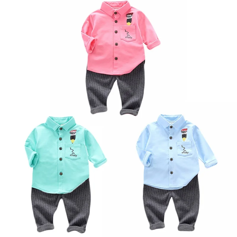 Autumn Baby Boys Clothes Suits Casual Long Sleeve Cartoon Print Shirt Blouse Tops+Stripe Pants Trouser Set