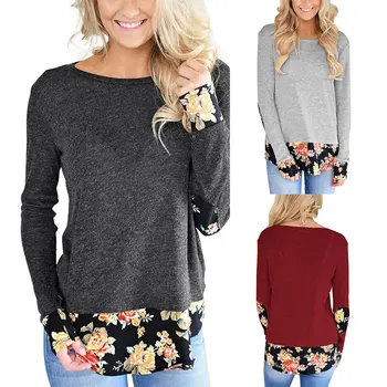 

New Women's Tops Round Neck Long Sleeve Print Patchwork T-Shirt Women 2019 Autumn Winter Casual T-Shirt