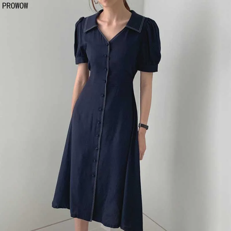 Korean Chic French Slim Women Dress 2020 Summer New Retro Chiffon Lapel Puff Sleeve Midi Dress Ladies Elegant Party White Dress