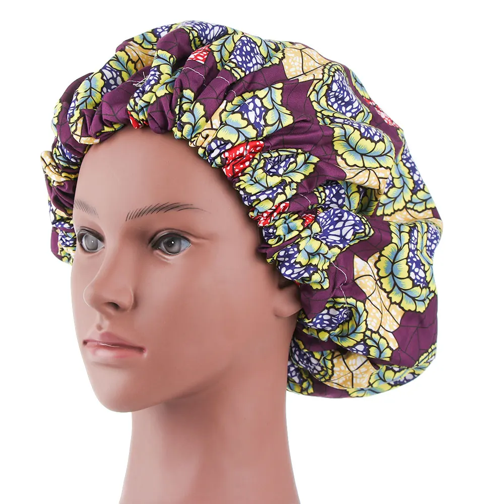 1 шт. новые очень большие атласные выстроились Bonnets для женщин Африканский узор печати ткань Анкара Bonnets ночной сон шляпа женский тюрбан подарки
