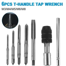 

6Pcs T-Handle Tap Wrench + M3/M4/M5/M6/M8 Screw Thread Tap T-shape Taps Set Manual Tapping Tools Household Repair Tools
