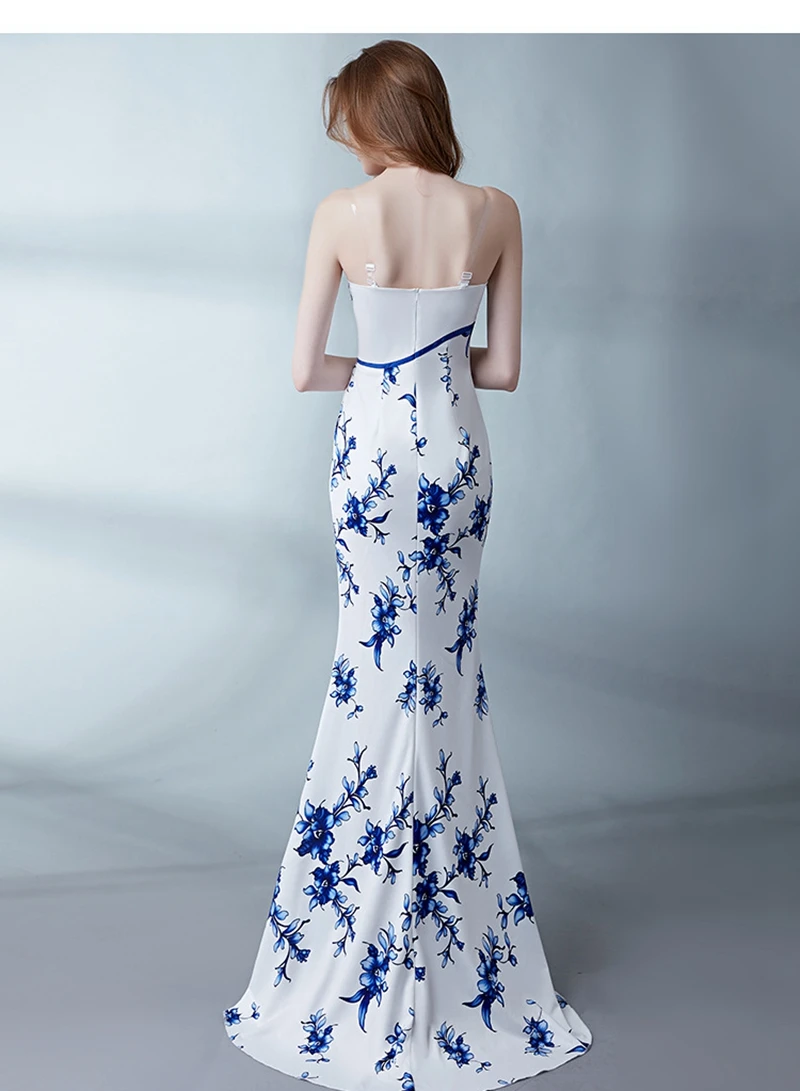 Синий и белый фарфор сексуальное улучшенное cheongsam длинный рыбий хвост китайский стиль девушка шоу Вечернее платье юбка достойная атмосфера