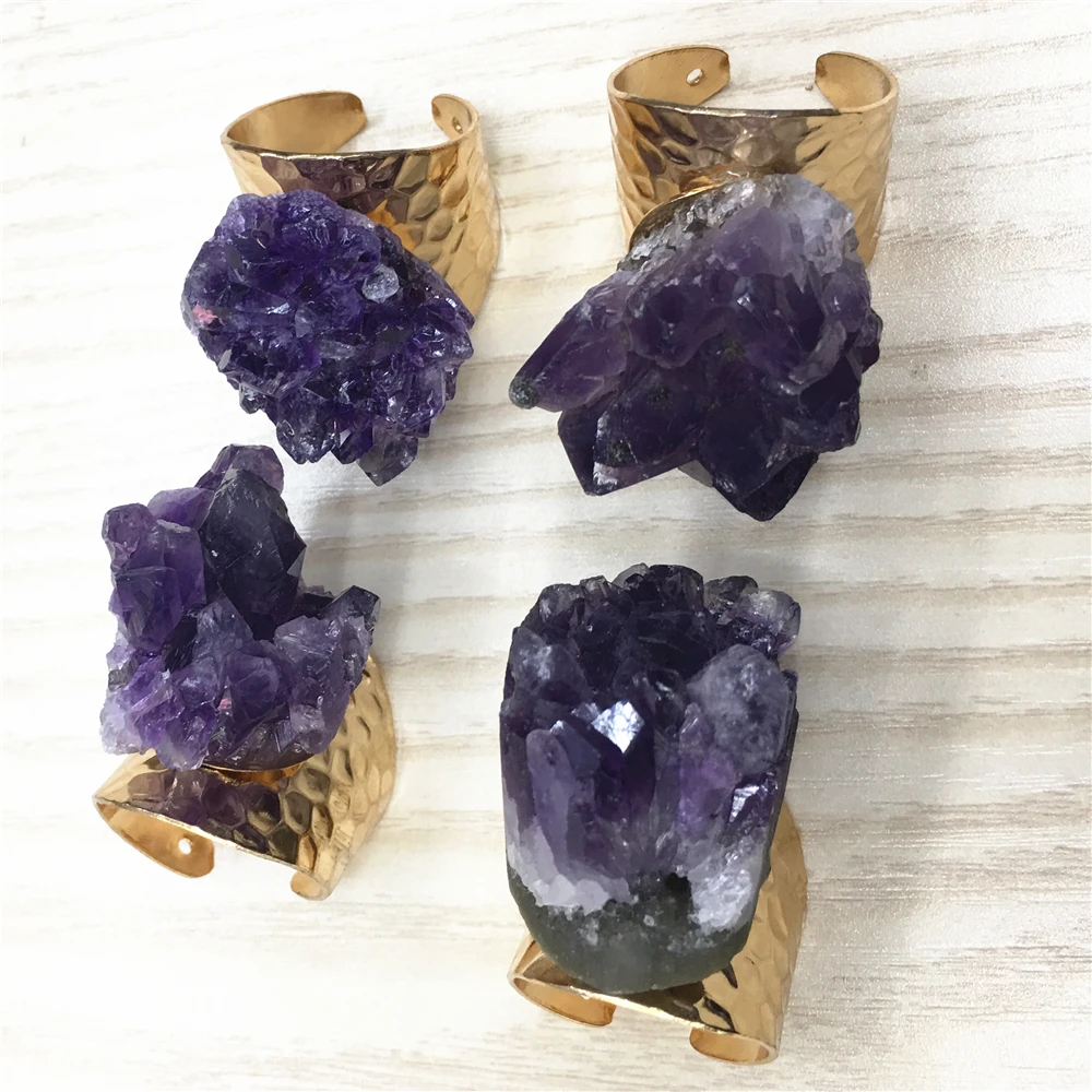 

Big Gold Rim Vintage Retro Amethysts Stone Slice Bead Charm Adjust Open Hammered Ring Cuff for Woman Man Alibaba Express Copper